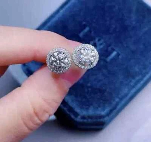 2 Ct Round REAL Moissanite Halo Women's Stud Earring 14K White Gold Plated - Picture 1 of 5