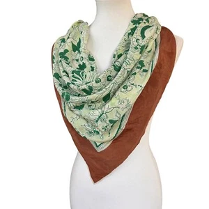 Vintage Scarf Large Square Silk Green Floral Print Retro Head Wrap 60s 70s 80s - Picture 1 of 12