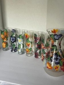 Vintage Tumbler/ Carafe Hand Painted Flowers 12 inches  6 glasses 9 inches tall - Picture 1 of 6