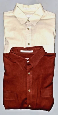 Perry Ellis Linen Shirt Blend Mens XL Beige Rust Roll Tab Long Sleeve Button Up - Image 1 of 4