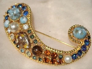 Broche prendedor llamativo cabujón perla piedra multicolor cachemir francés años 60 de colección - Imagen 1 de 23