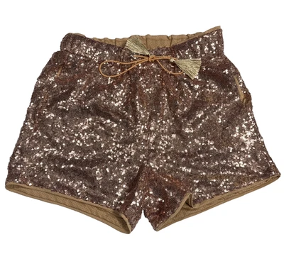 Womens Rose Gold Sequined Shorts Small Pull On Tassels Drawstring Lined Pockets - Image 1 of 4