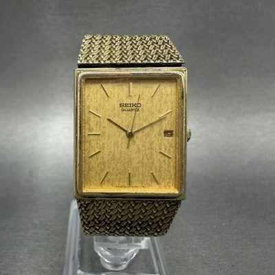 Seiko Tank Watch Men 24mm Gold Dial Gold Tone Date Rectangle 2A32-5019 NewBat - Image 1 of 4