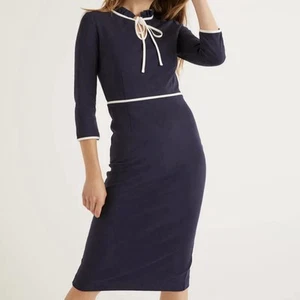 Boden Layla Ponte Midi Sheath Dress 10R navy blue fitted ruffled neck string tie - Picture 1 of 11