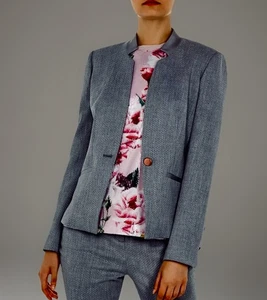 TED BAKER LONDON Daizy Blazer Jacket Women US4 UK1 Wool Stand Up Collar Gray EUC - Picture 1 of 19