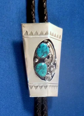 3D DE COLECCIÓN NAVAJO Plata de Ley Turquesa BOLO FIRMADO D Ashley, cordón de cuero, puntas Foto 1 de 4