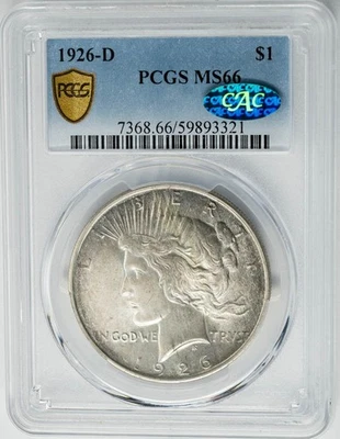 1926-D Peace Silver Dollar $ MS66 Secure PCGS ~ CAC 950642-2 - Image 1 of 4