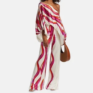 New Women's Printed Round Neck Loose Bat Sleeve Wide Leg Pants Fashion Suit - Picture 1 of 28