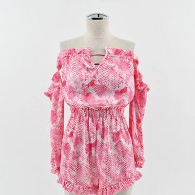 Mameluco Beach Bunny Tanner Talla XS Rosa Piel de Serpiente Fuera del Hombro Boho Resort Wear Foto 1 de 4