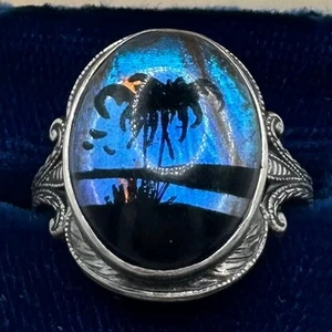 Anillo Hoffman Antiguo Art Deco Plata Esterlina Morfo Azul Ala Mariposa Vidrio - Imagen 1 de 9