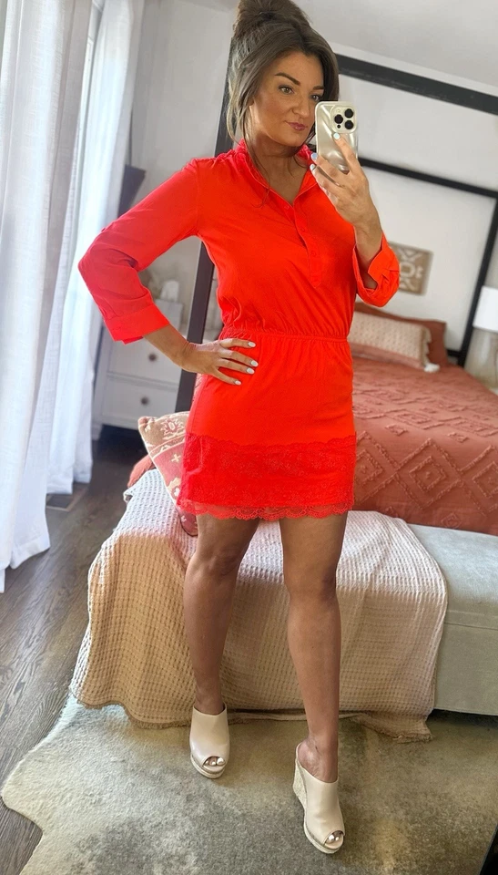 Vestido Victoria’s Secret 2013 Talla Mediana Naranja Neón Borde de Encaje Hasta la Rodilla Foto 1 de 4