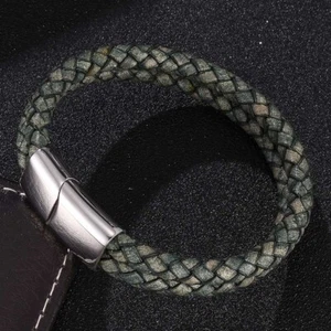 Men's 205mm Leather Bracelet Stainless Steel Clasp Handmade Braided Bangle New - Picture 1 of 35