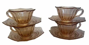 Liberty Works Egg Harbor Octagon Pink Depression Glass 1929 4 Sets Cups Saucers - Picture 1 of 8