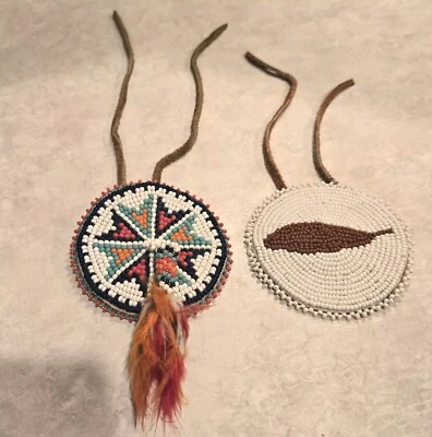 2 Southwestern Handmade Glass Beaded Hair Ties Poneytail Holders Leather Backs. - Image 1 of 4