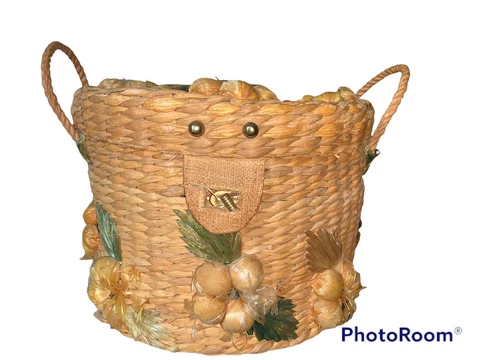 Vintage Woven Straw Basket with Floral and Embroidered Raffia Flowers Lid Handle Cover