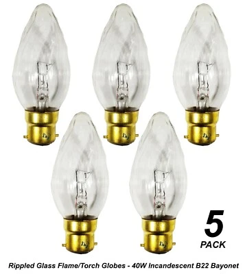 5 x 40W Incandescent Ripple Candle Light Globes Bulbs Lamps Bayonet B22 BC Clear - Image 1 of 4