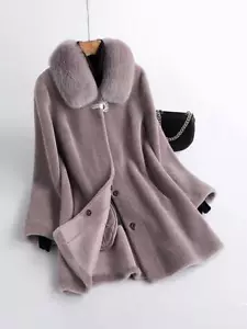 Damen Winter Echt Fuchspelz Kragen 100% Wolle Lamm Lammfell Mittellanger Mantel Mantel - Bild 1 von 17