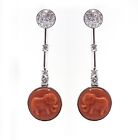 Drop Earrings White Gold 18k with Diamonds And Cameo IN Coral - Elephants