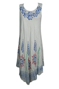 Boho Gypsy Hippy White Tank Dress Loose Fit and Flare Sleeveless Sundress M