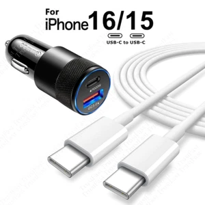 Dual USB-C Type C PD 38W Fast Car Charger Cable For iPhone 15 16 Pro Max 16 Plus - Picture 1 of 19