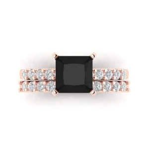2.66 Princess Cut Pave Natural Onyx Promise Bridal Ring Band set 14k Rose Gold - Picture 1 of 5