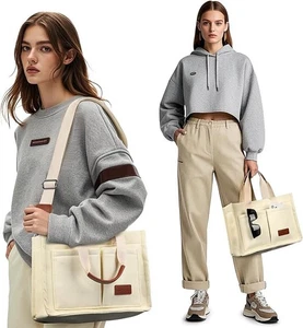 Bolso de Mano de Lona ZORFIN Bolsillos con Cremallera Bandolera Trabajo Laptop Bolso para Libros Beige - Imagen 1 de 2