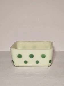 Mckee Green Dot Ivory Custard Glass Refrigerator Dish 4" X 5" Vintage Glows READ - Picture 1 of 18