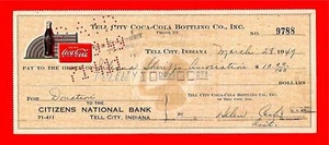 1949 Coca Cola Tell City Ind Old Bottling Co Check 9788 - Bild 1 von 1