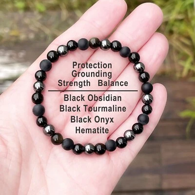 Protection Bracelet 6mm Black Onyx Tourmaline Obsidian Hematite Stone Bracelet - Image 1 of 4