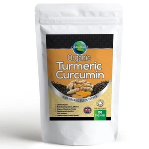 ORGANIC TURMERIC CURCUMIN 1550mg AND ORGANIC BLACK PEPPER CAPSULES   Pack of 100 - Picture 1 of 8