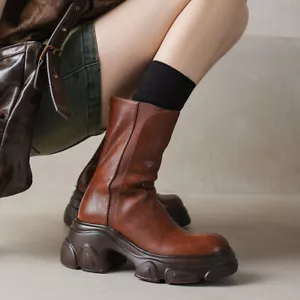 Womens Chic Leather Round Toe Elastic Top Zipper Platform Ankle Boots Shoes QESC - Picture 1 of 14