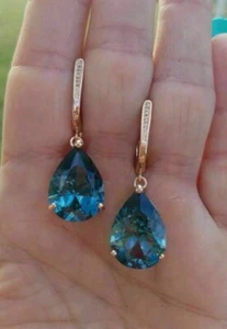 4Ct Pear Cut Blue Topaz Solitaire Drop/Dangle Earrings 14K Yellow Gold Finish - Picture 1 of 9