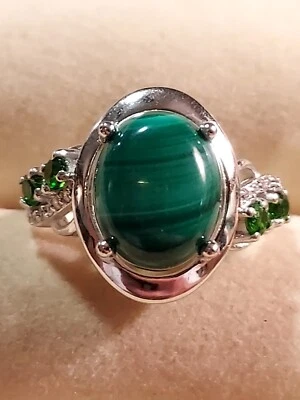 天然孔雀石凸圆形 11x9,Diopside & Simulated Cz's,14KWG 板 SS 925,7.5 — 第 1/4 张图片