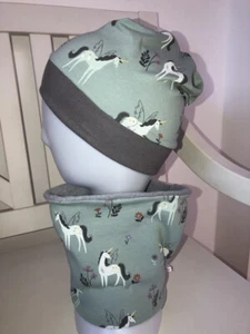 Beanie Mütze Kinder Loop Schal Set NEU Einhorn Mint Mädchen - Bild 1 von 1