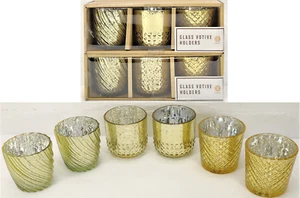 6 Candle Holders 3" Gold Glass Votive 2 cross Etched 2 Ribbed Swirl 2 Hobnail - Picture 1 of 24