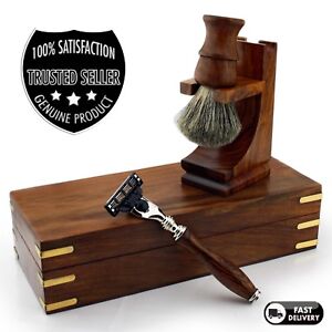 Wood Luxury Shaving Set Super Badger Brush, Triple Edge Razor, Stand & Box gift
