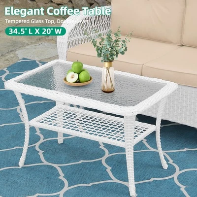 Outdoor Wicker Coffee Table 2-Tier Rattan Patio End Table Tempered Center Table - Image 1 of 4