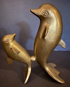 Brass Dolphins Statues Large Small Mid Century Modern MCM Vintage Mom Baby - Picture 1 of 10