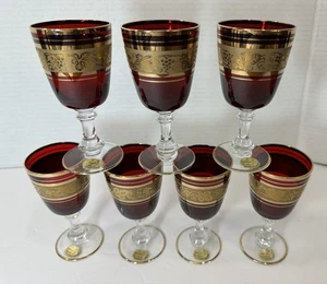 Copas cordiales de vidrio dorado rojo rubí checo bohemio vintage uva estilo Moser etiqueta - Imagen 1 de 8