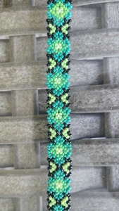 Handmade Huichol Peyote Beaded Bracelet with Geometric Pattern Green And Black - Picture 1 of 8