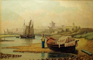 LATE 19TH-EARLY 20TH C BRITISH MARITIME WATERCOLOR (REFRAMED) W/BOATS/FIGURES - Picture 1 of 12