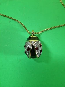 Vintage JOAN RIVERS Signed Crystal & Red Cabochon LADY BUG Pendant Necklace 30" - Picture 1 of 8