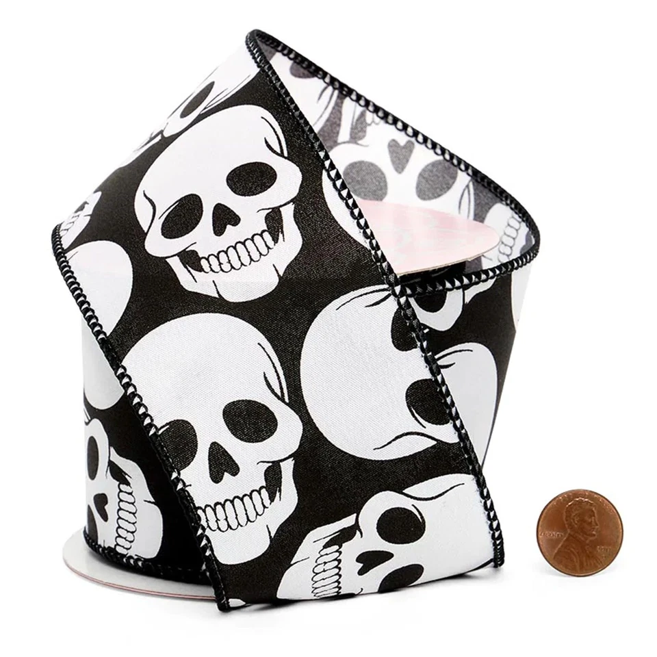 2.5in. Wide White Skulls On Black Satin Wired Ribbon - 10 Yards (56001011) - Image 1 of 1