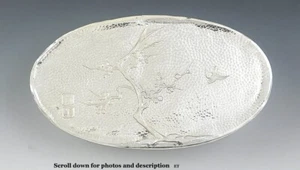 Nice Japanese Meiji Silver Oval Box Swallow & Flower Trees Design - Picture 1 of 7