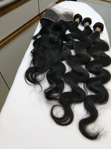 12AA BRASILIANISCHES MENSCHLICHES HAAR 3 BÜNDEL SCHUSS & 13x4 SPITZE FRONTALVERSCHLUSS BODYWAVE 1B - Bild 1 von 10