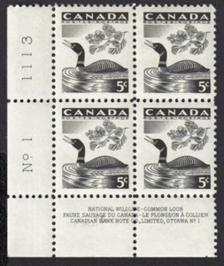 LOON, DUCK = CANADA 1957 #369 MNH LL Block of 4, Plate #1 - Picture 1 of 1