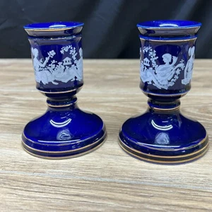 Portacandele conico ceramica blu cobalto vintage scena greca 4" - Foto 1 di 8