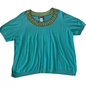 Camicetta Bob Mackie Jeweled indossabile in maglia verde artistico con perline scintillanti da donna taglia 2X - Foto 1 di 9