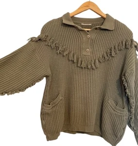 Vintage Baumwolle Kuschel Strick Grün Fransen Pullover Pulli Kragen 90’s Damen M/L? - Bild 1 von 6