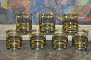 Culver Empress Set Of 7 Blue Green 22K Gold Old Fashioned Whiskey Rocks Glasses - Picture 1 of 2